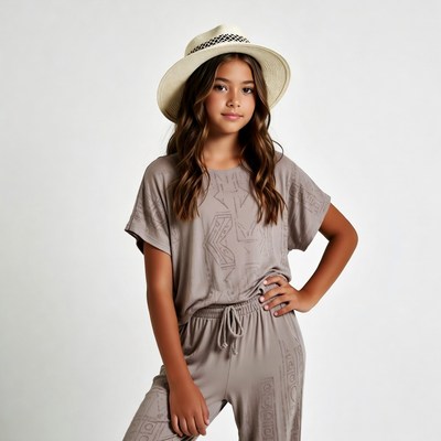Girl in straw hat and jumpsuit
