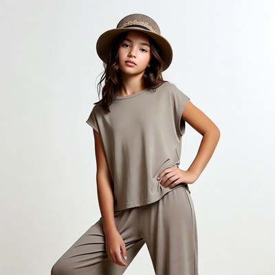 Girl in gray outfit with straw hat