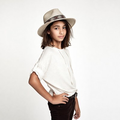 Girl wearing embroidered straw hat