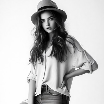 Woman in gray fedora hat