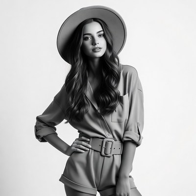 Woman in wide-brim hat and jumpsuit