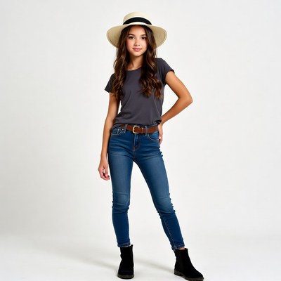 Girl in straw hat posing confidently