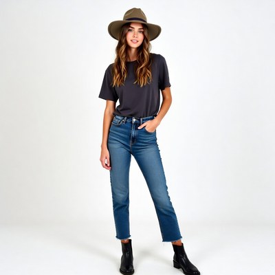 Woman in beige hat and jeans