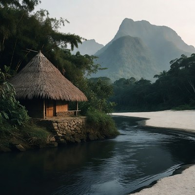Thatched Hut by River and Mountains