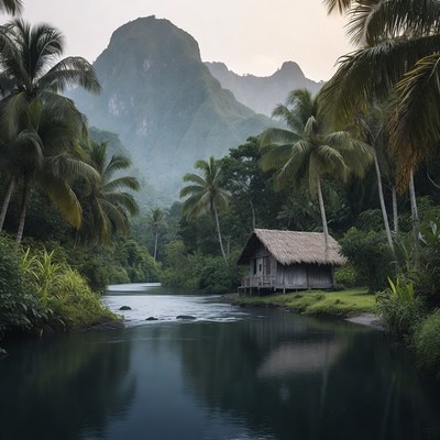 Traditional Hut by River and Mountains