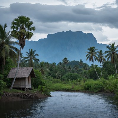 Thatched Hut by River and Mountain