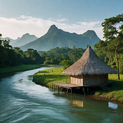Traditional thatched hut by river