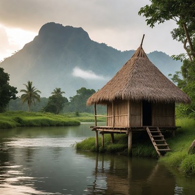 Traditional stilt house by river