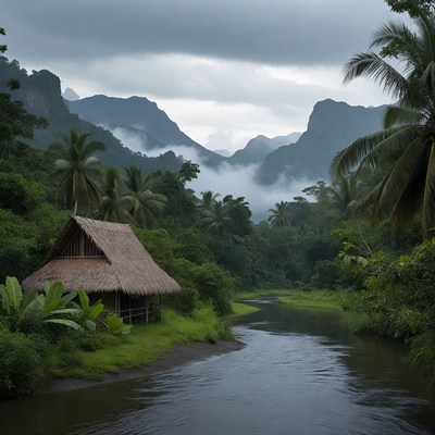 Thatched Hut by Jungle River