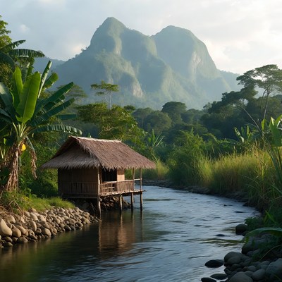 Stilt House by River and Mountains