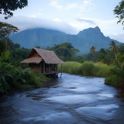 Thatched Hut on River with Mountains