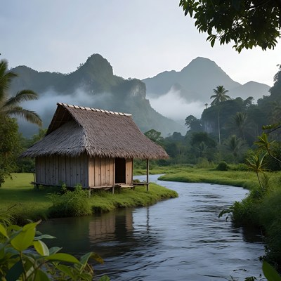 Traditional Bamboo Hut by River