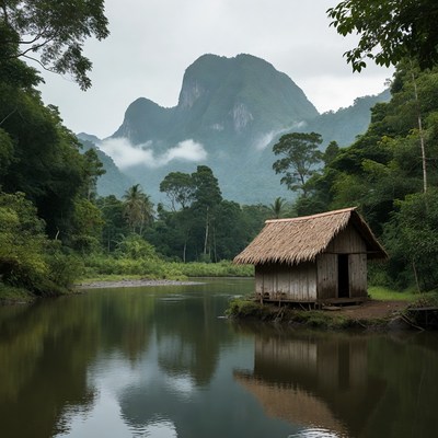 Thatched Hut by River and Mountains