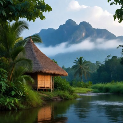 Traditional Thatched Hut by Misty Mountains