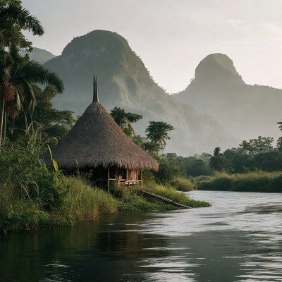 Traditional Thatched Hut by River and Mountains