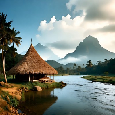 Traditional Thatched Hut by River and Mountains
