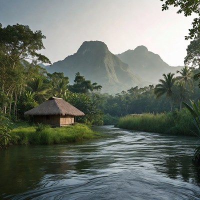 Traditional Hut by River and Mountains