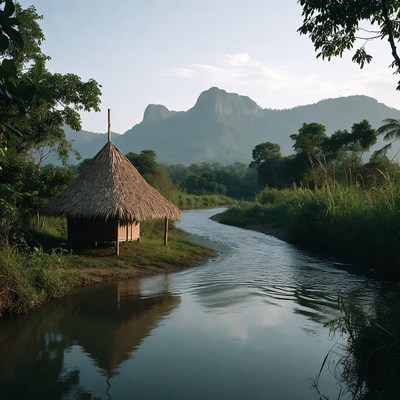 Thatched Hut by Mountain River