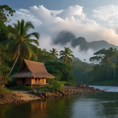 Traditional Thatched Hut by Tropical River