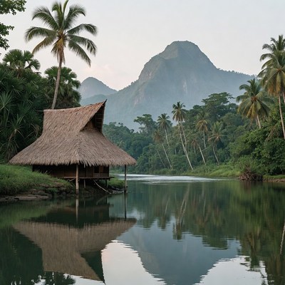 Traditional Thatched Hut by River