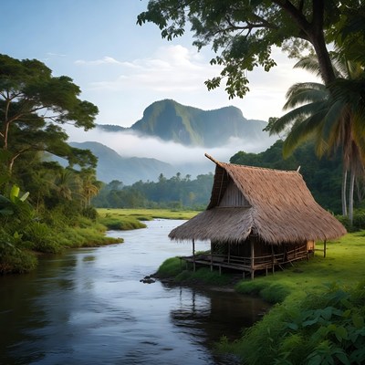 Traditional stilt house by river