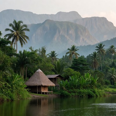 Traditional Thatched Houses by Tropical Lake