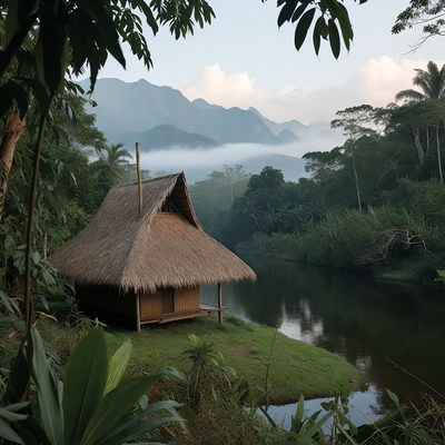 Traditional thatched hut by jungle river