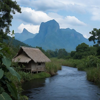 Traditional Hut by River and Mountains