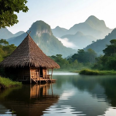 Traditional Stilt House on Lake with Mountains