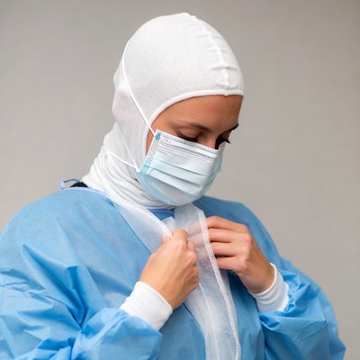 Woman adjusting surgical gown