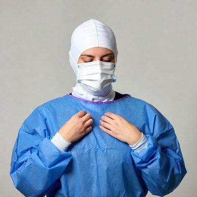 Woman in blue surgical gown praying
