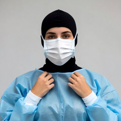 Muslim woman in surgical gown and mask