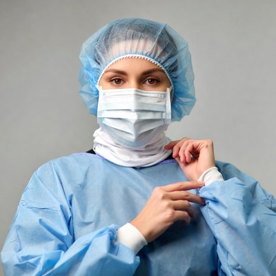 Woman in blue surgical gown and mask