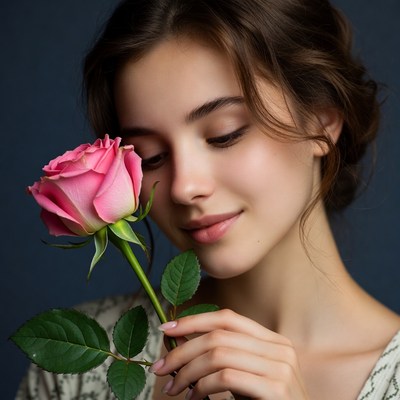Woman smelling pink rose