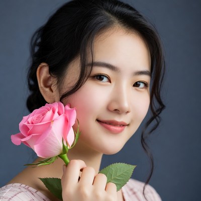 Asian woman holding pink rose