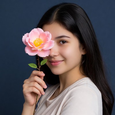 Asian girl holding pink flower over eye