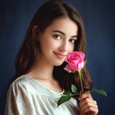 Young woman holding pink rose