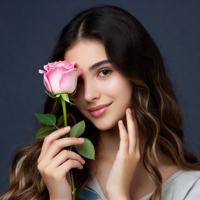 Woman hiding eye with pink rose