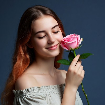 Girl smelling pink rose