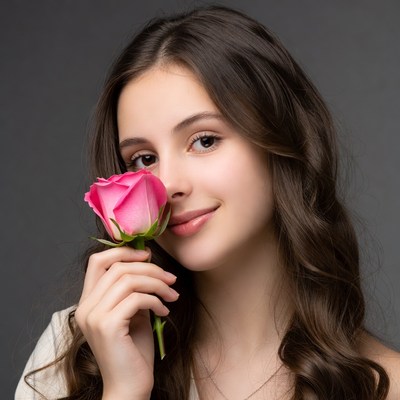 Young woman holding pink rose