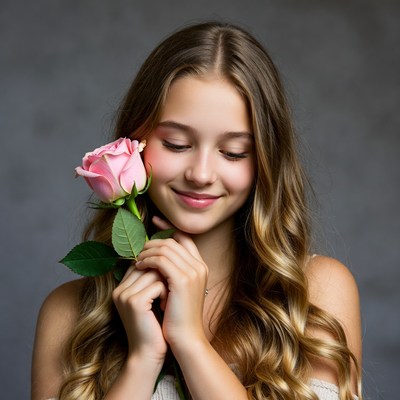 Girl holding pink rose