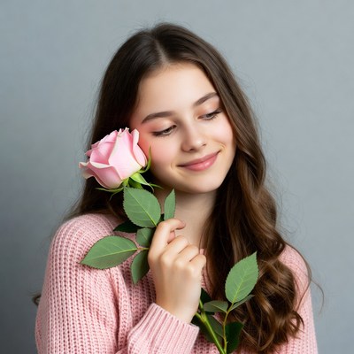 Young woman holding pink rose