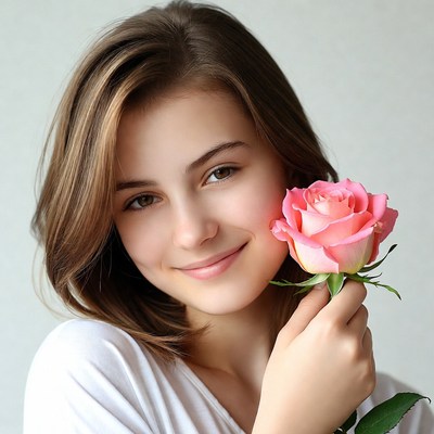 Young woman holding pink rose