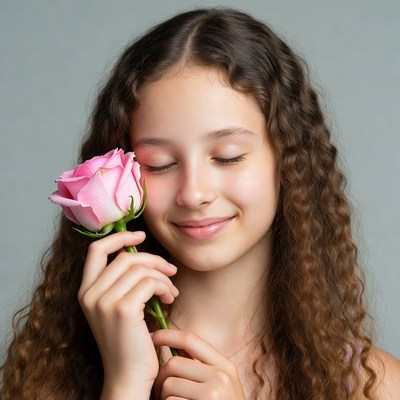 Girl holding pink rose