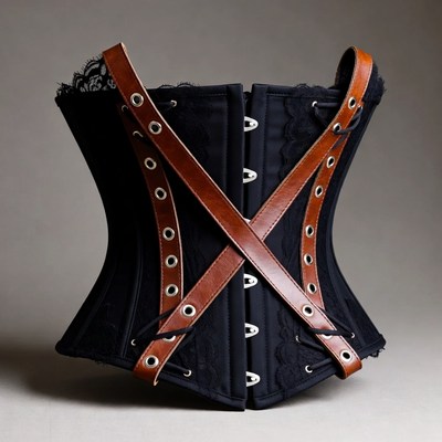 Black Lace Corset with Leather Straps