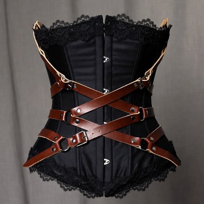 Black Lace Corset with Leather Straps