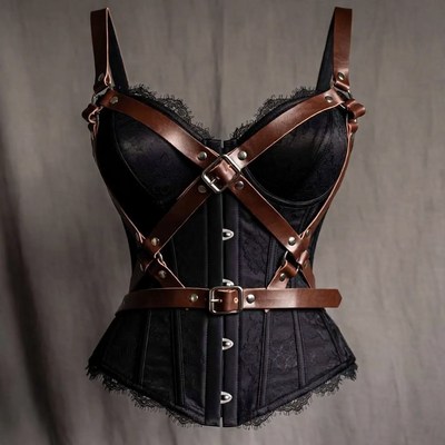 Black Lace Leather Harness Corset