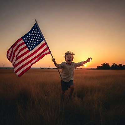 Boy waving American flag in sunset field