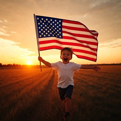 Boy holding American flag in field
