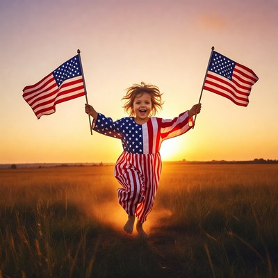 Girl waving American flags in field